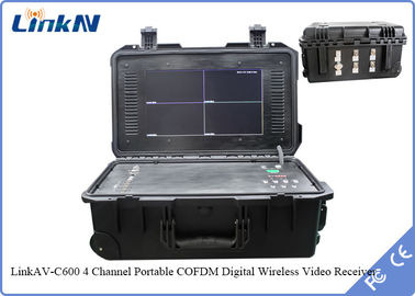 Receptor de video de maleta de 4 canales IP65 con batería y pantalla AES256 H.264 DC 12V